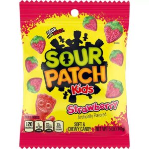 Sour Patch is een Amerikaans snoepmerk die vele soorten en smaken heeft. Deze starwberry variant is zuur van buiten en zoet van binnen.